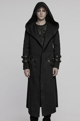 Black Lapel Collar Long Sleeves Hooded Pleated Men's Punk Coat with Buckle Strap